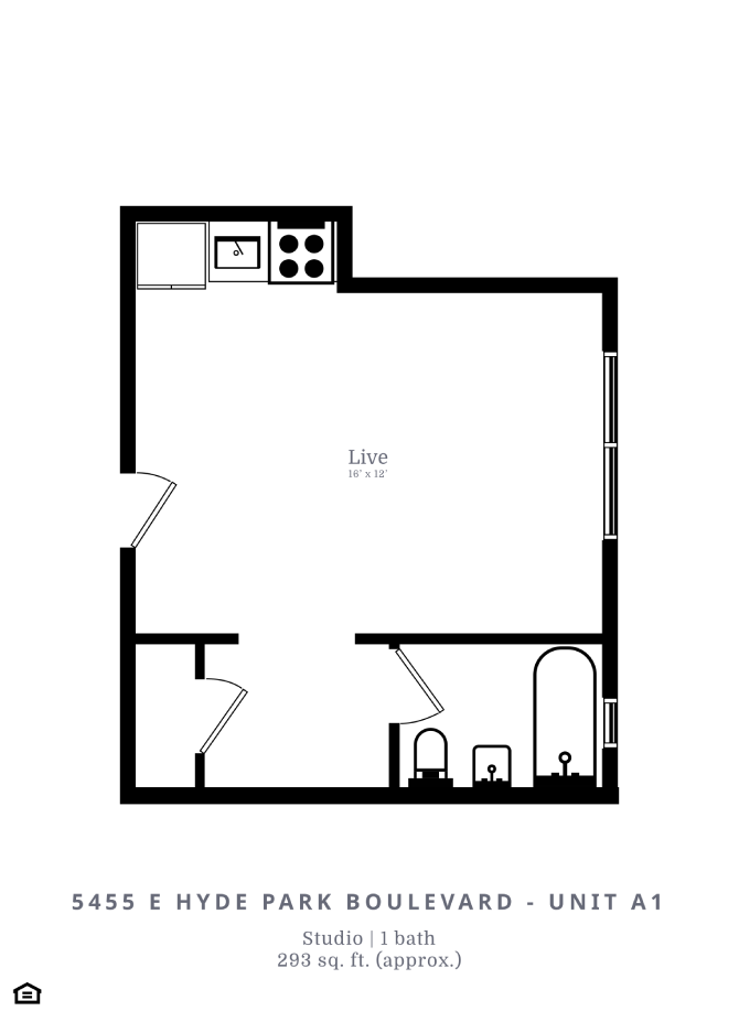 Floor plan for studio, 1 bath, 293 sqft
